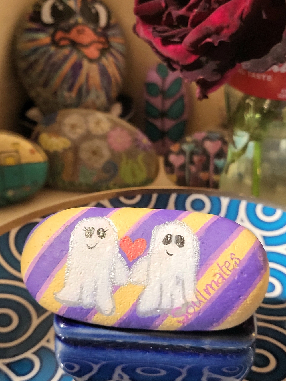 Hand-Painted Small Halloween Rock Art in Purple and Yellow - Picture 2 of 2